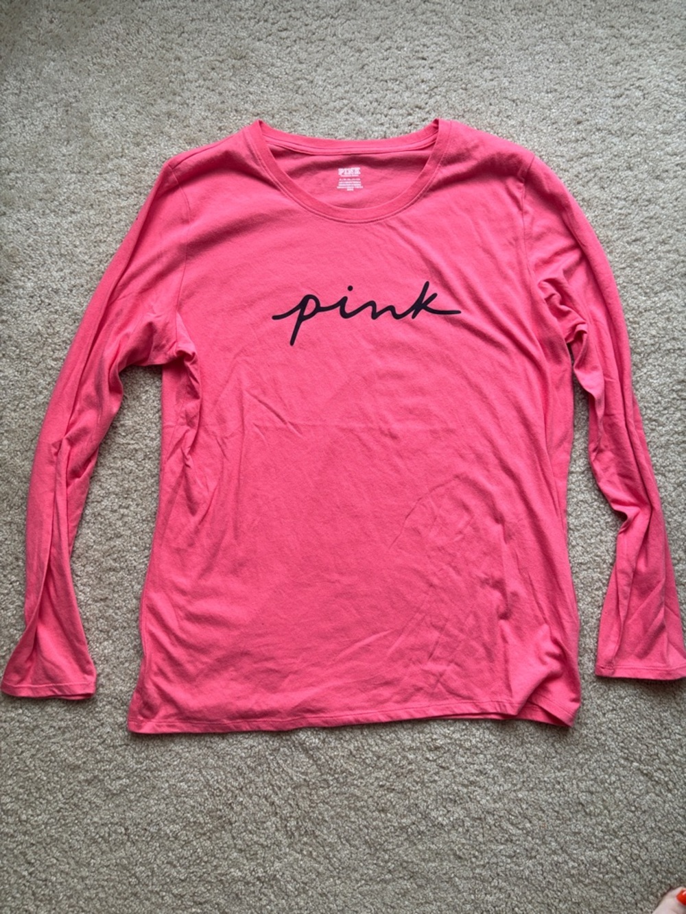 PINK Victoria's Secret Bright Coral Pink Long-Sleeve Tee with Black Script